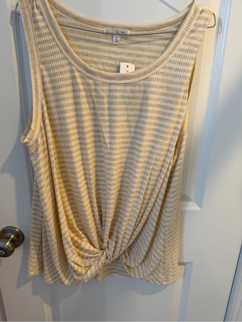 nine britton Cream & Tan Striped Knot Front Tank